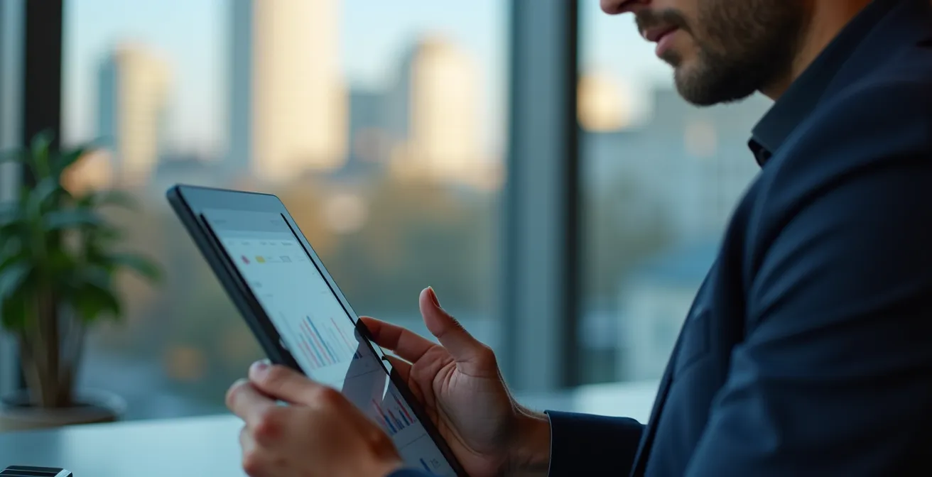 Agent immobilier analysant des données de marché sur tablette