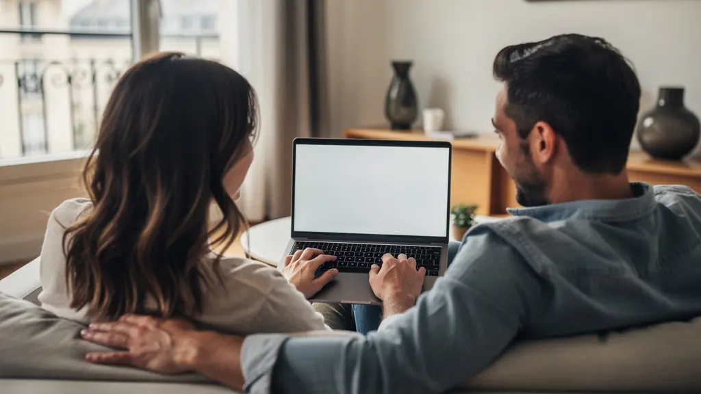 Couple trentenaire consultant un crédit immobilier sur ordinateur dans un appartement parisien