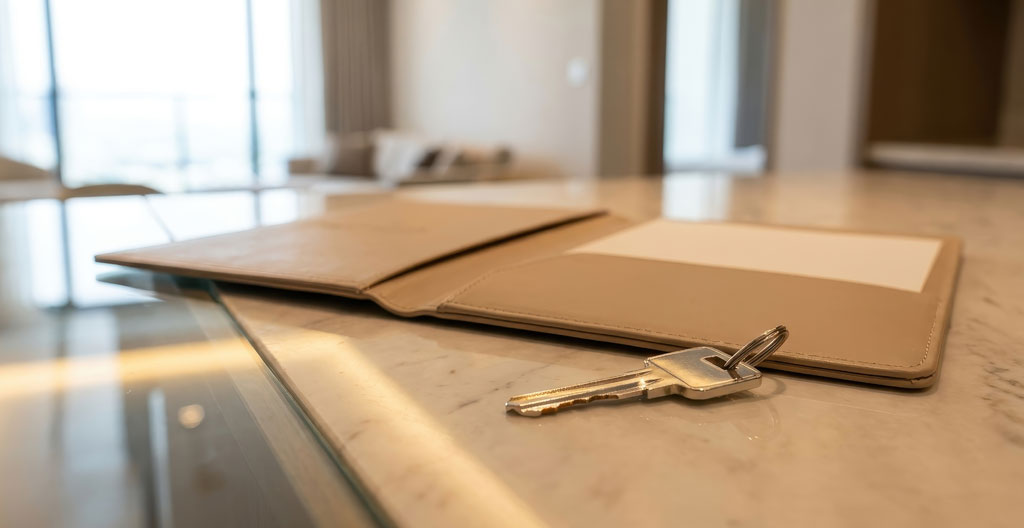 Un dossier de location bien organisé avec des documents préparés sur un bureau minimaliste.