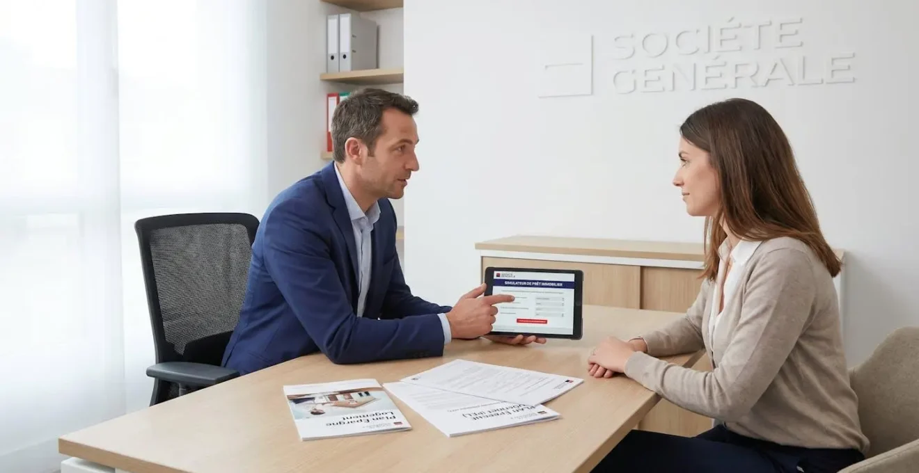 Conseiller bancaire Société Générale en consultation avec une cliente dans une agence moderne, documents Plan Épargne Logement et tablette numérique sur le bureau, ambiance professionnelle et chaleureuse avec lumière naturelle
