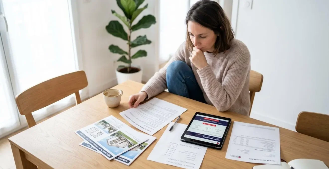 Femme trentenaire consultant des documents de projet immobilier, feuilles de calculs de budget et tablette affichant le site Société Générale, assise à une table en bois clair dans un intérieur lumineux et épuré