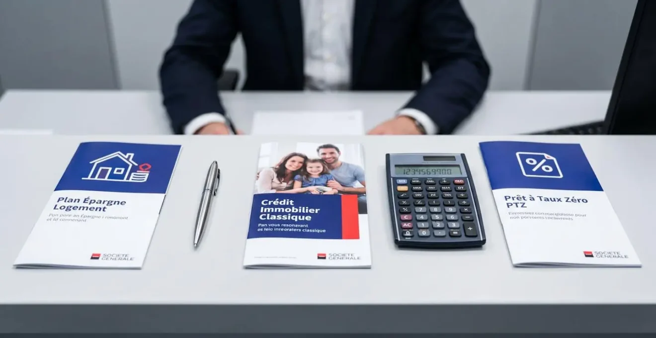 Trois brochures officielles Société Générale disposées horizontalement sur un bureau bancaire : Plan Épargne Logement, Crédit Immobilier Classique et Prêt à Taux Zéro PTZ, avec stylo et calculatrice, conseiller en arrière-plan flou